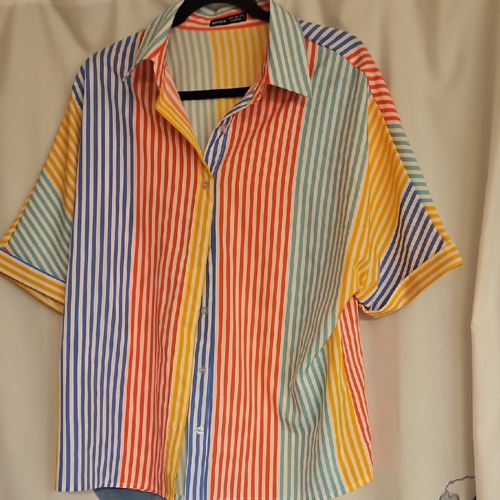 SHEIN Multicolor Vertical Stripe Short-Sleeve Button-Up Shirt